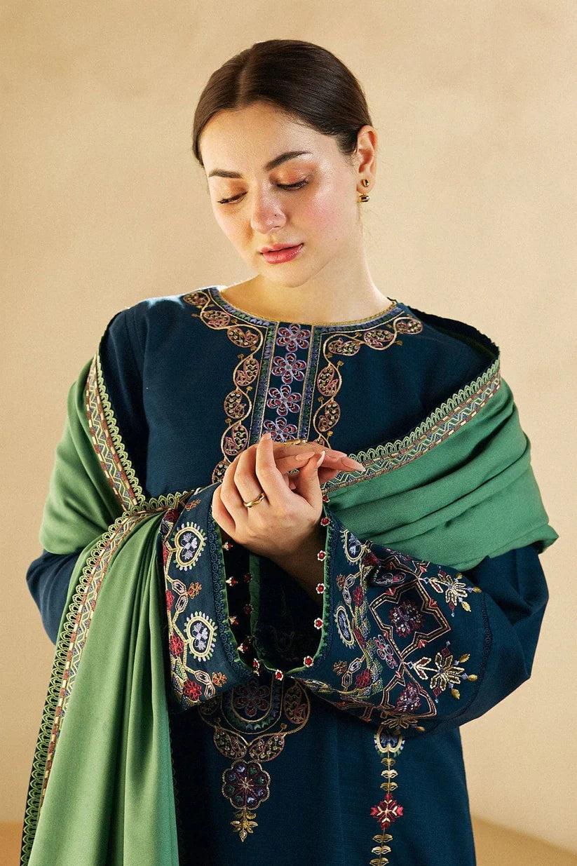 ZARASHAHJAHAN- 3PC DHANAK EMBROIDERED SHIRT DHANAK EMBROIDERED SHAWL AND TROUSER-W.J-1796
