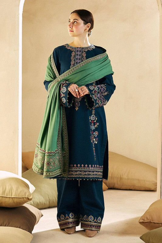 ZARASHAHJAHAN- 3PC DHANAK EMBROIDERED SHIRT DHANAK EMBROIDERED SHAWL AND TROUSER-W.J-1796