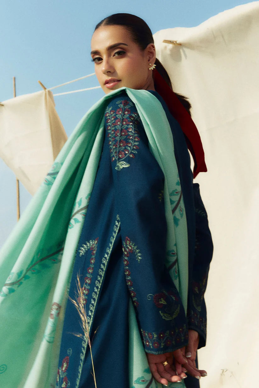 ZARA SHAHJAHAN- 3PC KHADDAR EMBROIDERED SHIRT WITH COURTAI WOOL PRINT SHAWL AND TROUSER-W.J-1784
