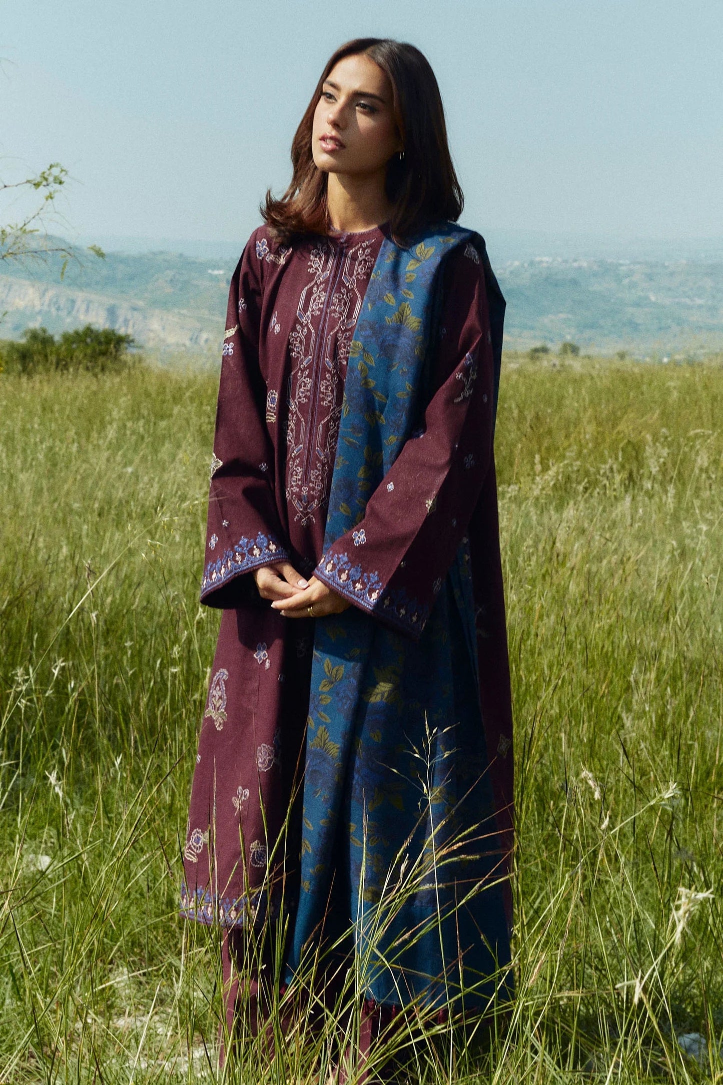 ZARA SHAH JAHAN-3PC DHANAK EMBROIDERED SHIRT WITH COURTRAI WOOL PRINTED SHAWL AND TROUSER-W.J-1022