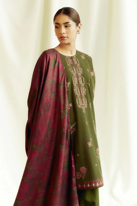 ZARA SHAH JAHAN- 3PC DHANAK EMBROIDERED SHIRT WITH COURTRAI PRINTED SHAWL AND TROUSER-W.J-1065