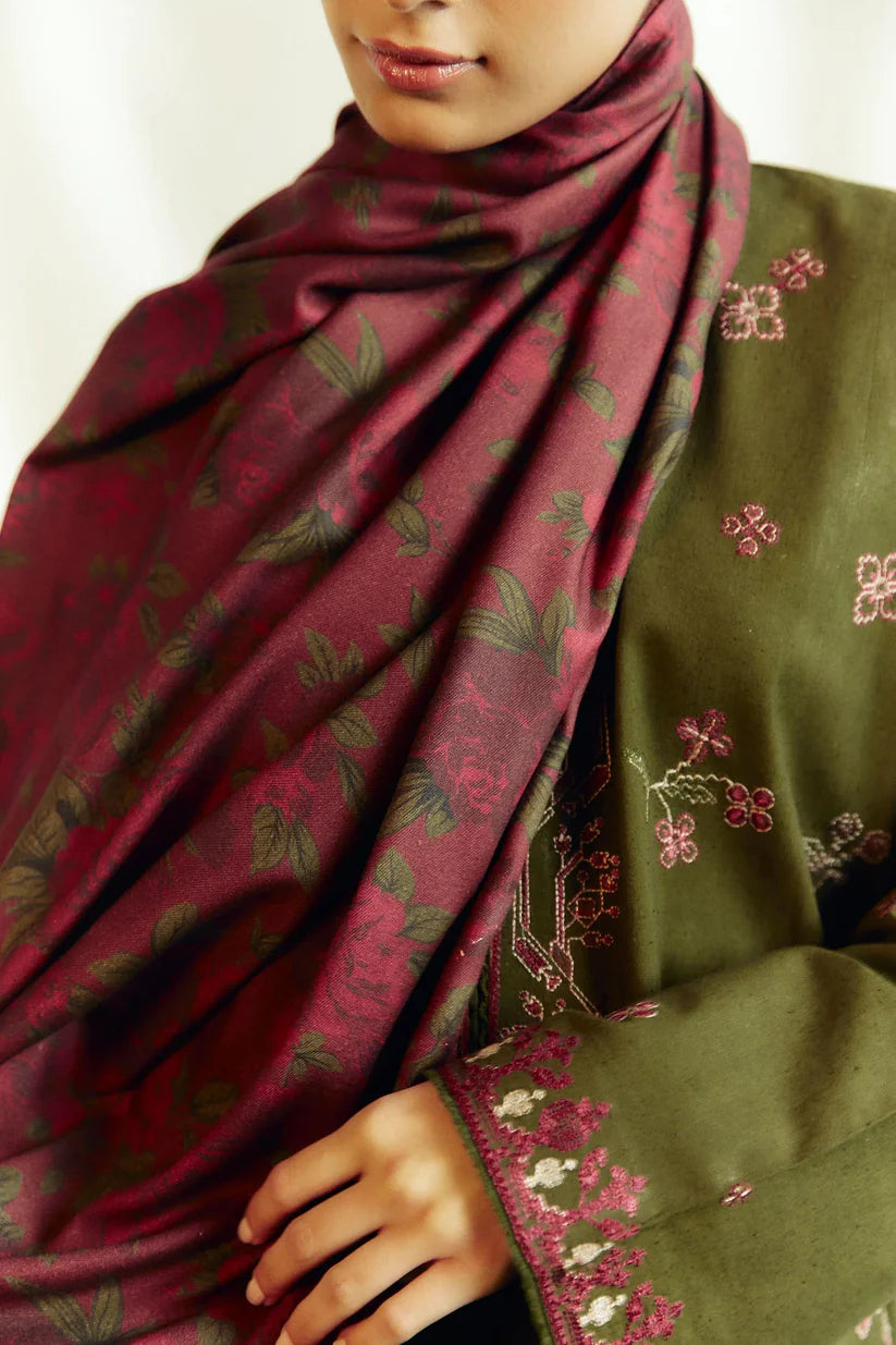 ZARA SHAH JAHAN- 3PC DHANAK EMBROIDERED SHIRT WITH COURTRAI PRINTED SHAWL AND TROUSER-W.J-1065