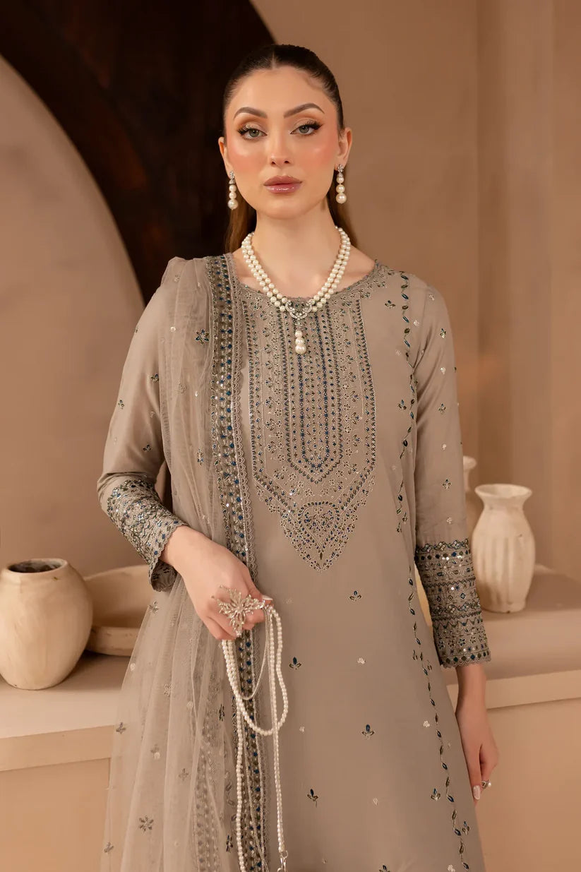 BATIK-3PC DHANAK EMBROIDERED SHIRT WITH ORGANZA EMBROIDERED DUPATTA AND EMB TROUSER-W.J-1901