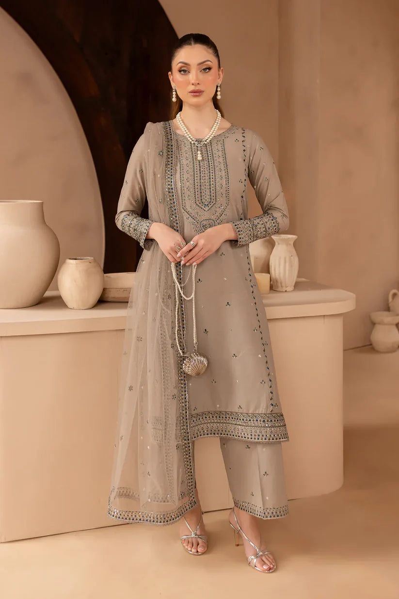 BATIK-3PC DHANAK EMBROIDERED SHIRT WITH ORGANZA EMBROIDERED DUPATTA AND EMB TROUSER-W.J-1901