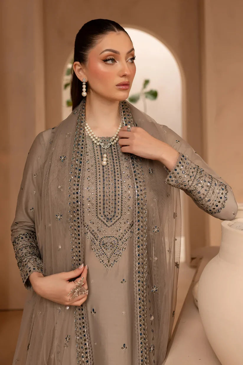 BATIK-3PC DHANAK EMBROIDERED SHIRT WITH ORGANZA EMBROIDERED DUPATTA AND EMB TROUSER-W.J-1901