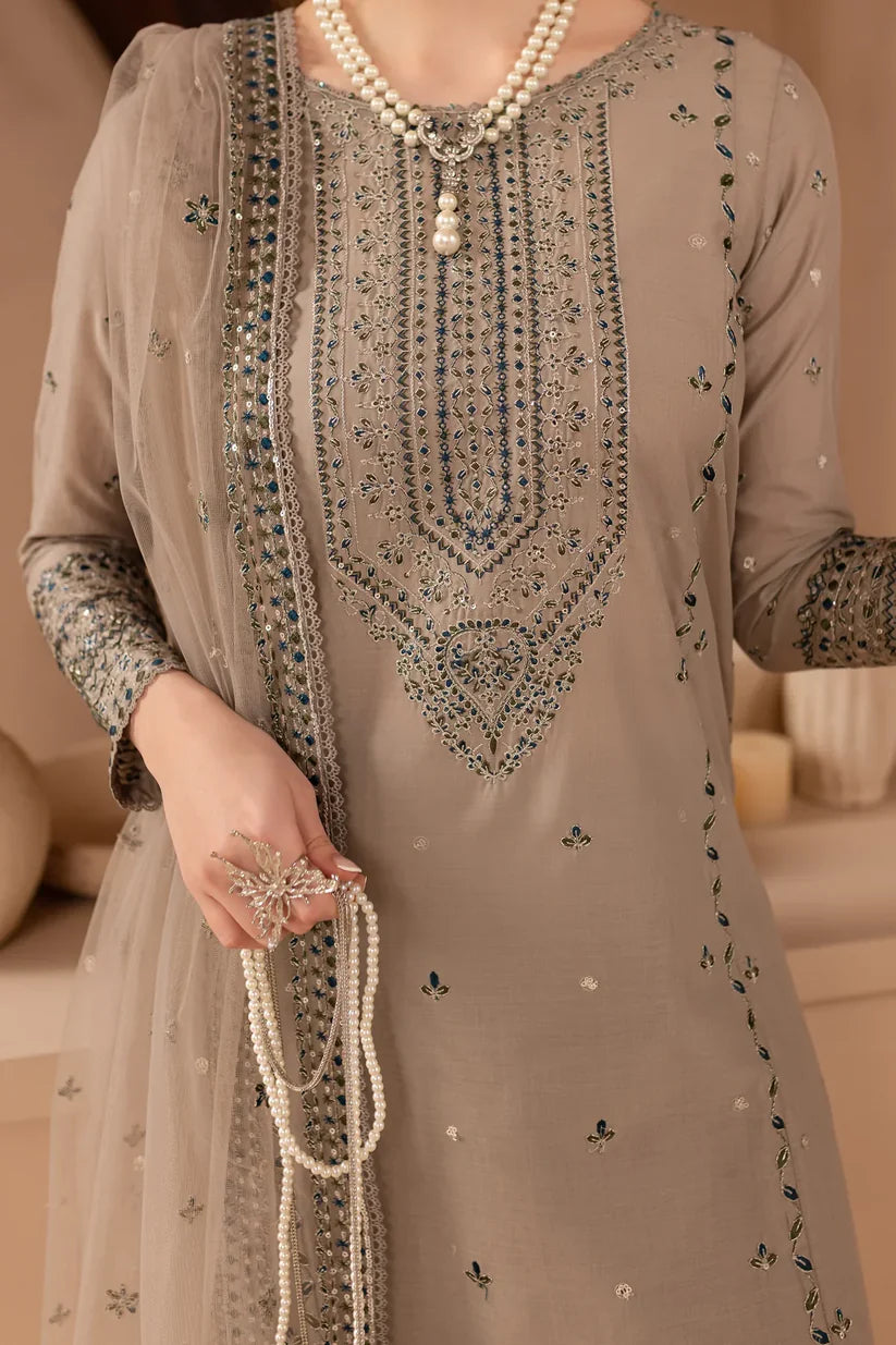 BATIK-3PC DHANAK EMBROIDERED SHIRT WITH ORGANZA EMBROIDERED DUPATTA AND EMB TROUSER-W.J-1901