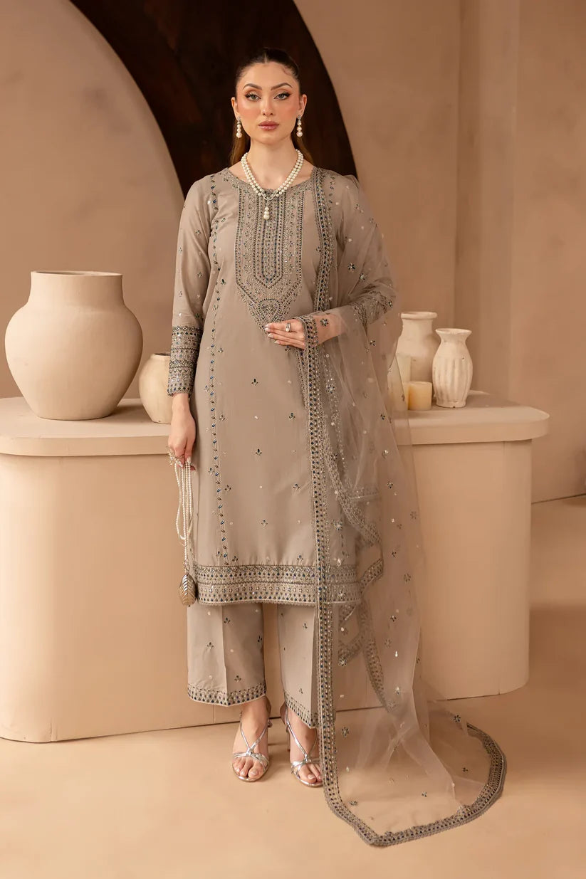 BATIK-3PC DHANAK EMBROIDERED SHIRT WITH ORGANZA EMBROIDERED DUPATTA AND EMB TROUSER-W.J-1901