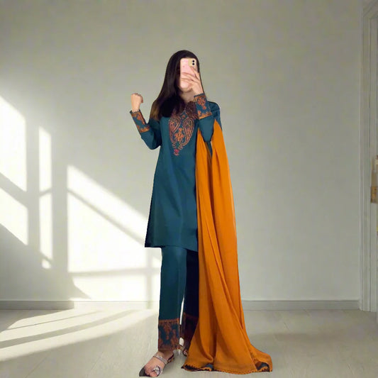 WearJora-3PC DHANAK EMBROIDRED SHIRT WITH WOOL SHAWL AND TROUSER-W.J-1024