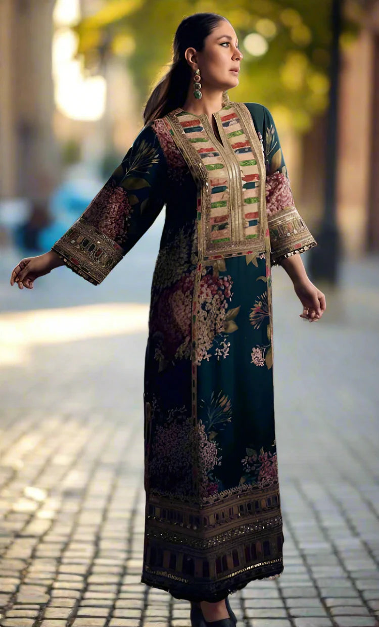 MARIA.B-2PC SHAMOZE SILK PRINTED EMBROIDERED SHIRT & PRINTED EMB SLEEVES-W.J-2027