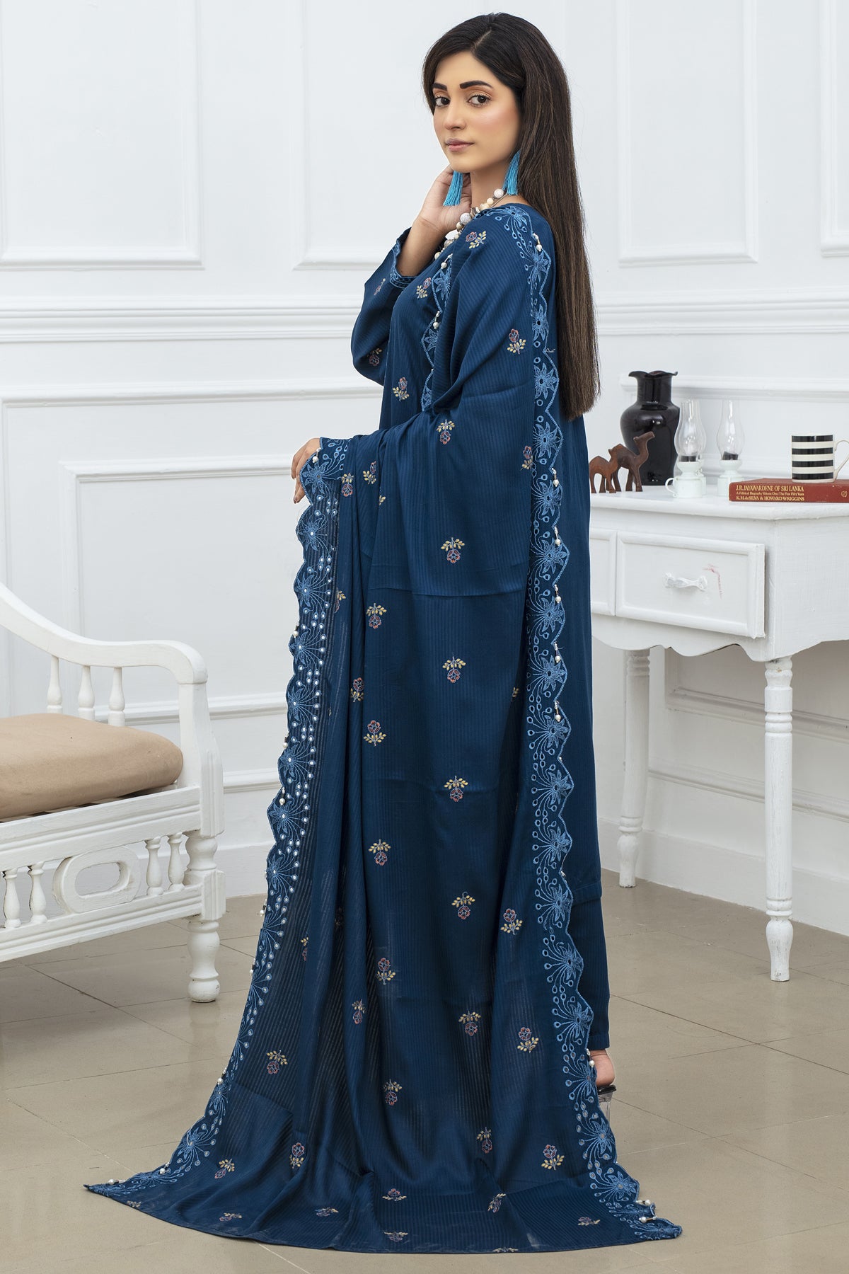 WearJora-3PC DHANAK EMBROIDRED SHIRT WITH DHANAK EMBROIDRED SHAWL AND TROUSER-W.J-1114