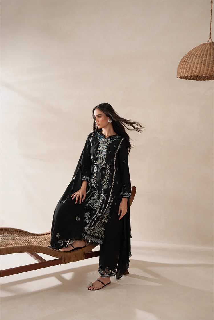 BEECHTREE-3PC KARANDI EMBROIDERED SHIRT WITH KHADDI NET EMBROIDERED DUPATTA AND EMB TROUSER-WJ-1940