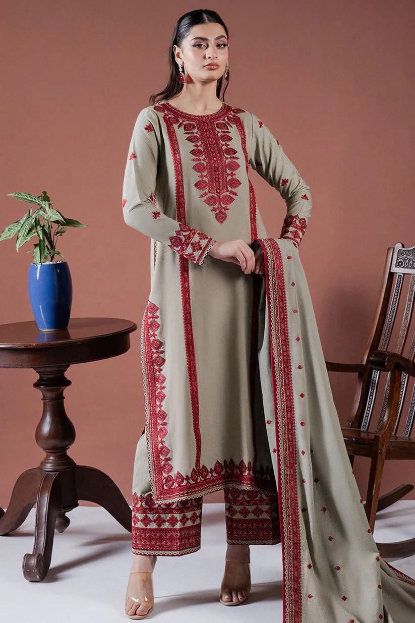 ASIM JOFA-3PC DHANAK EMBROIDERED SHIRT WITH DHANAK EMBROIDERED SHAWL AND EMB TROUSER-W.J-1900