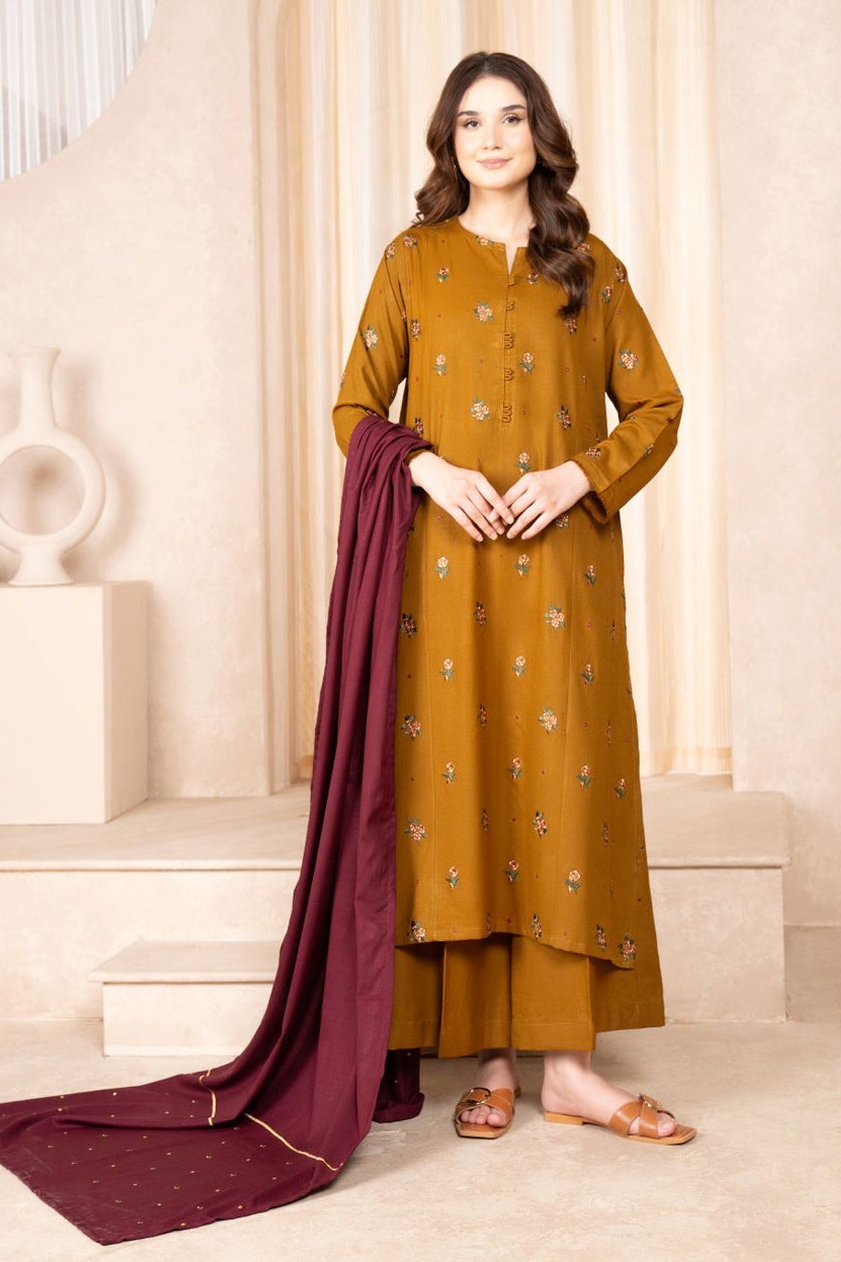 LAZULI- 3PC DHANAK EMBROIDERED SHIRT DHANAK EMBROIDERED DUPATTA AND TROUSER -W.J-1575