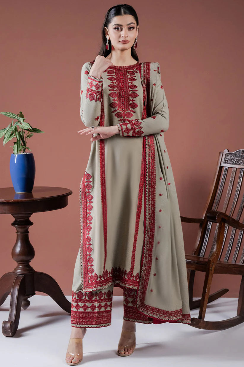 ASIM JOFA-3PC DHANAK EMBROIDERED SHIRT WITH DHANAK EMBROIDERED SHAWL AND EMB TROUSER-W.J-1900