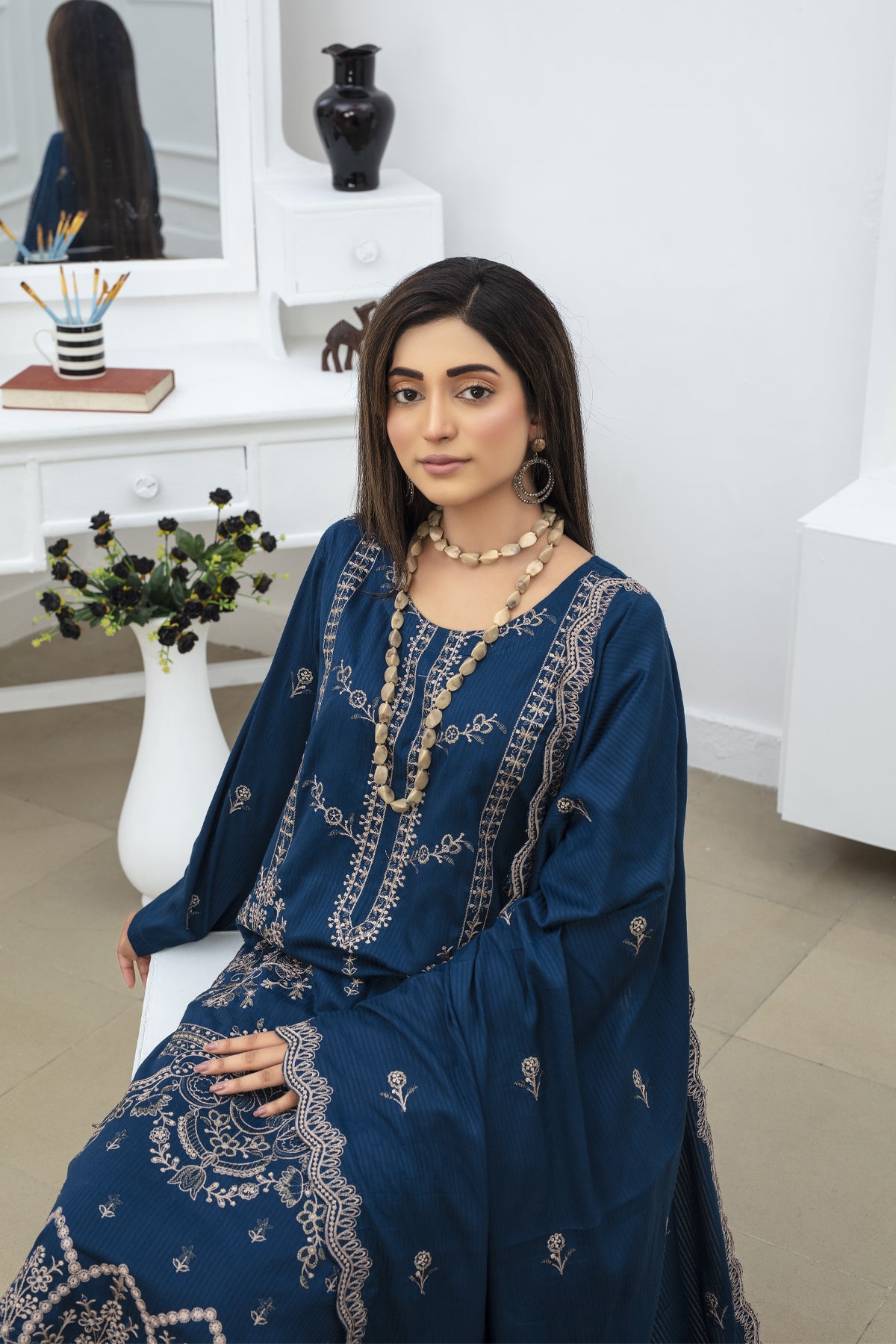 WearJora-3PC DHANAK EMBROIDRED SHIRT WITH DHANAK EMBROIDRED SHAWL AND TROUSER-W.J-1114