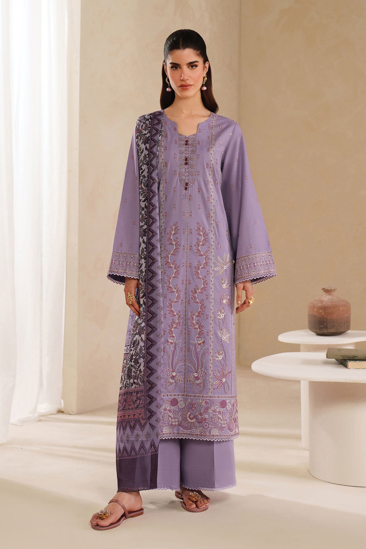GARNET-3PC DHANAK EMBROIDERED SHIRT WITH COURTRAI PRINTED SHAWL AND TROUSER-W.J-2025