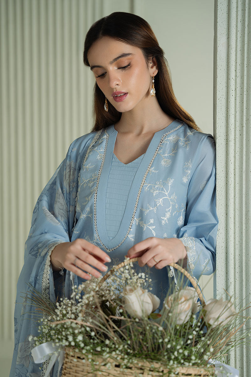 CROSS STITCH-3PC DHANAK EMBROIDERED SHIRT WITH COUTRAI PRINTED SHAWL AND TROUSER-W.J-1843