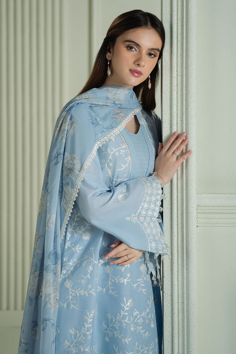CROSS STITCH-3PC DHANAK EMBROIDERED SHIRT WITH COUTRAI PRINTED SHAWL AND TROUSER-W.J-1843