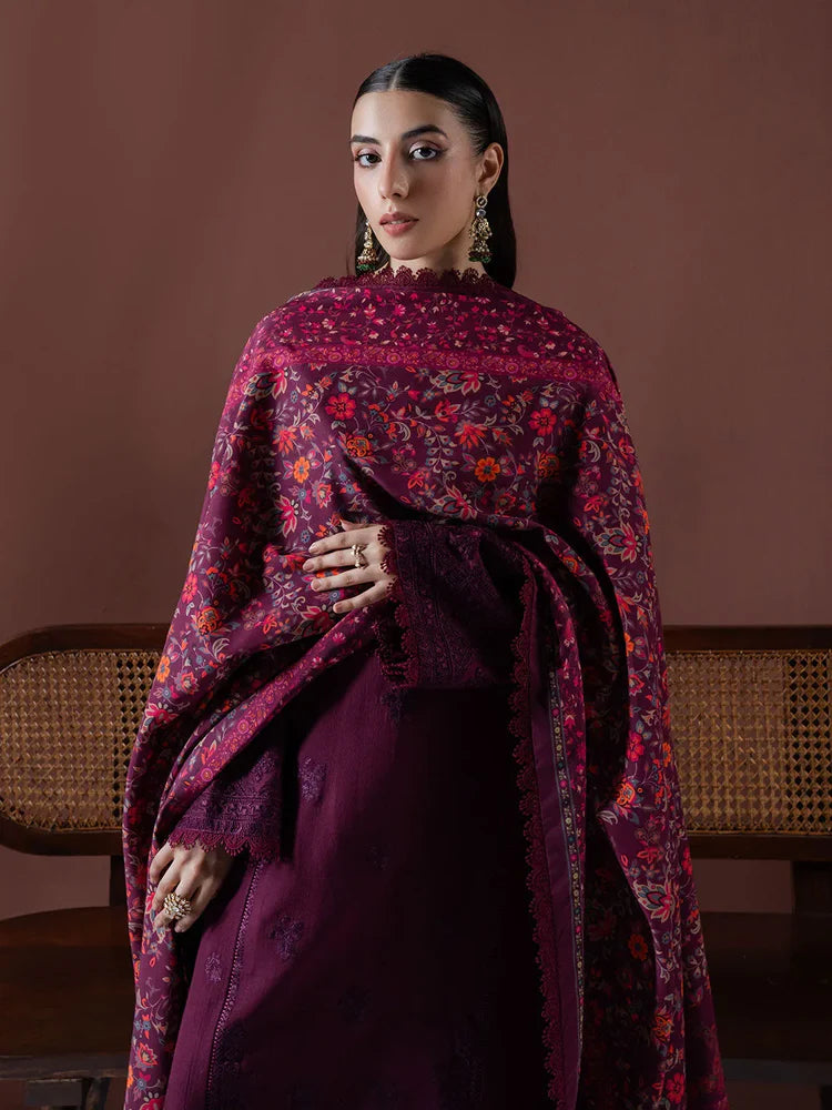 ASIM JOFA-3PC DHANAK EMBROIDERED SHIRT WITH COURTRAI PRINTED SHAWL & TOUSER-W.J-2019