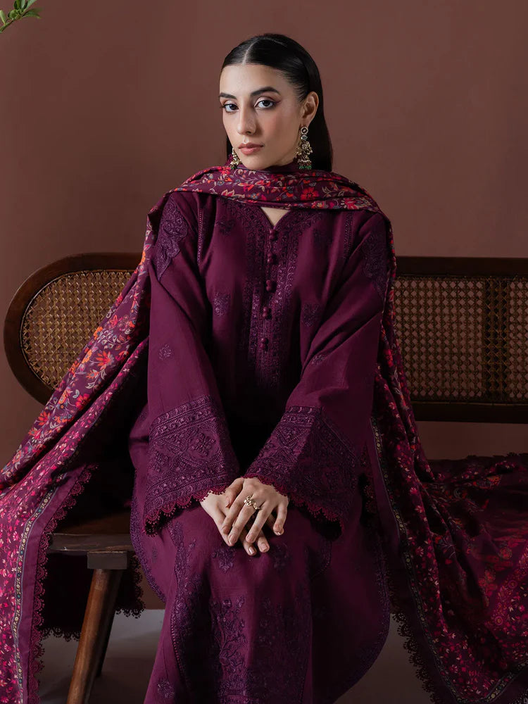 ASIM JOFA-3PC DHANAK EMBROIDERED SHIRT WITH COURTRAI PRINTED SHAWL & TOUSER-W.J-2019