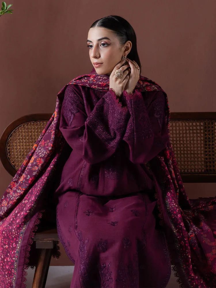 ASIM JOFA-3PC DHANAK EMBROIDERED SHIRT WITH COURTRAI PRINTED SHAWL & TOUSER-W.J-2019