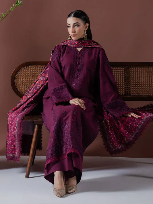 ASIM JOFA-3PC DHANAK EMBROIDERED SHIRT WITH COURTRAI PRINTED SHAWL & TOUSER-W.J-2019