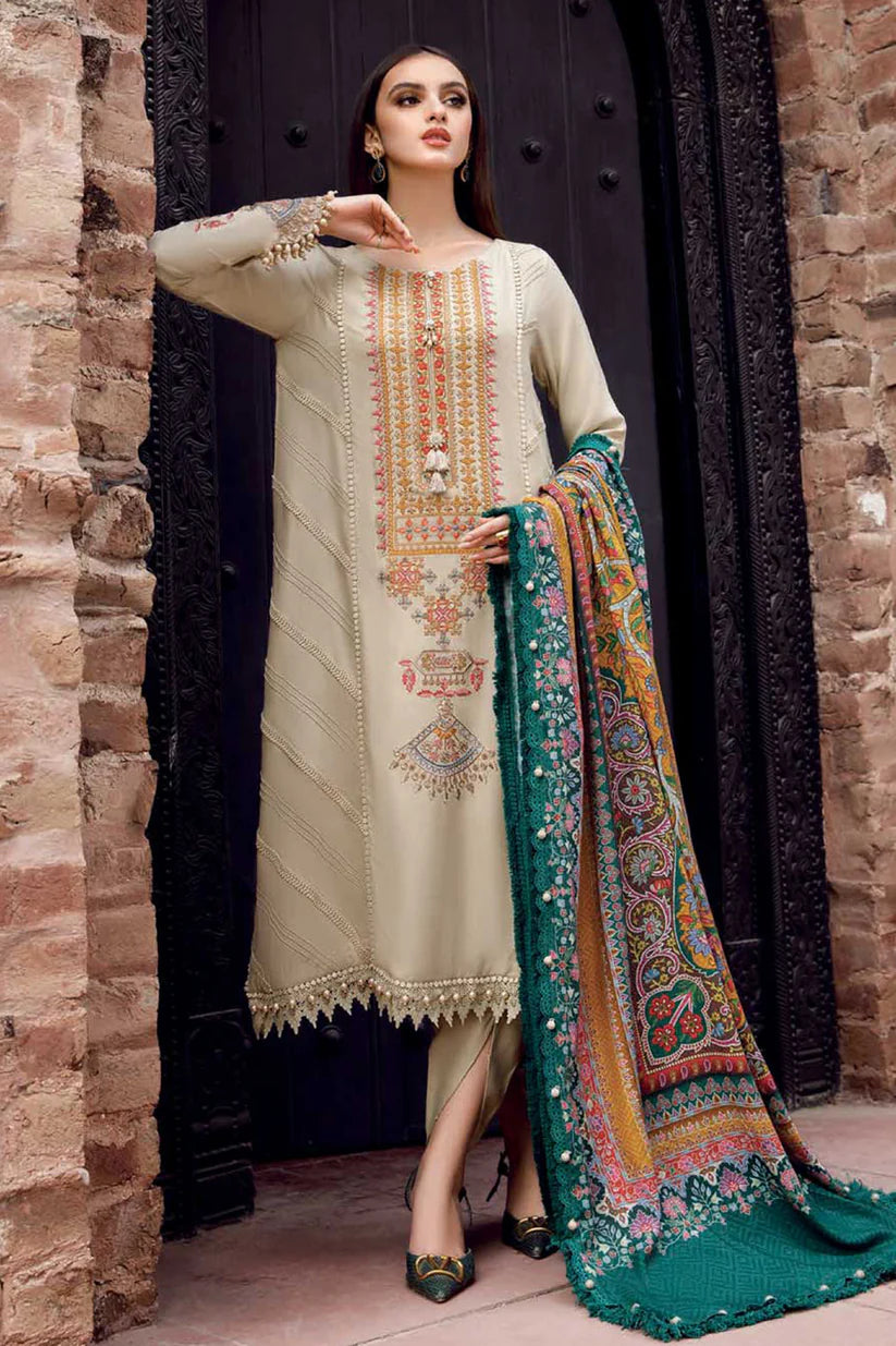 MARIA.B-3PC DHANAK EMBROIDERED SHIRT WITH COUTRAI PRINTED SHAWL AND TROUSER-W.J-1842
