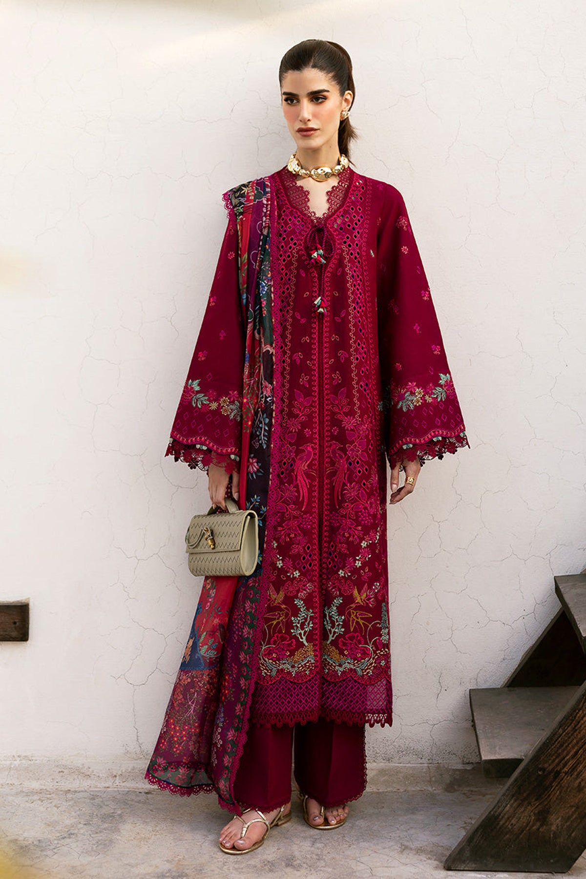REPUBLIC-3PC DHANAK EMBROIDERED SHIRT WITH COURTRAI PRINTED SHAWL & DHANAK TOUSER-W.J-2024