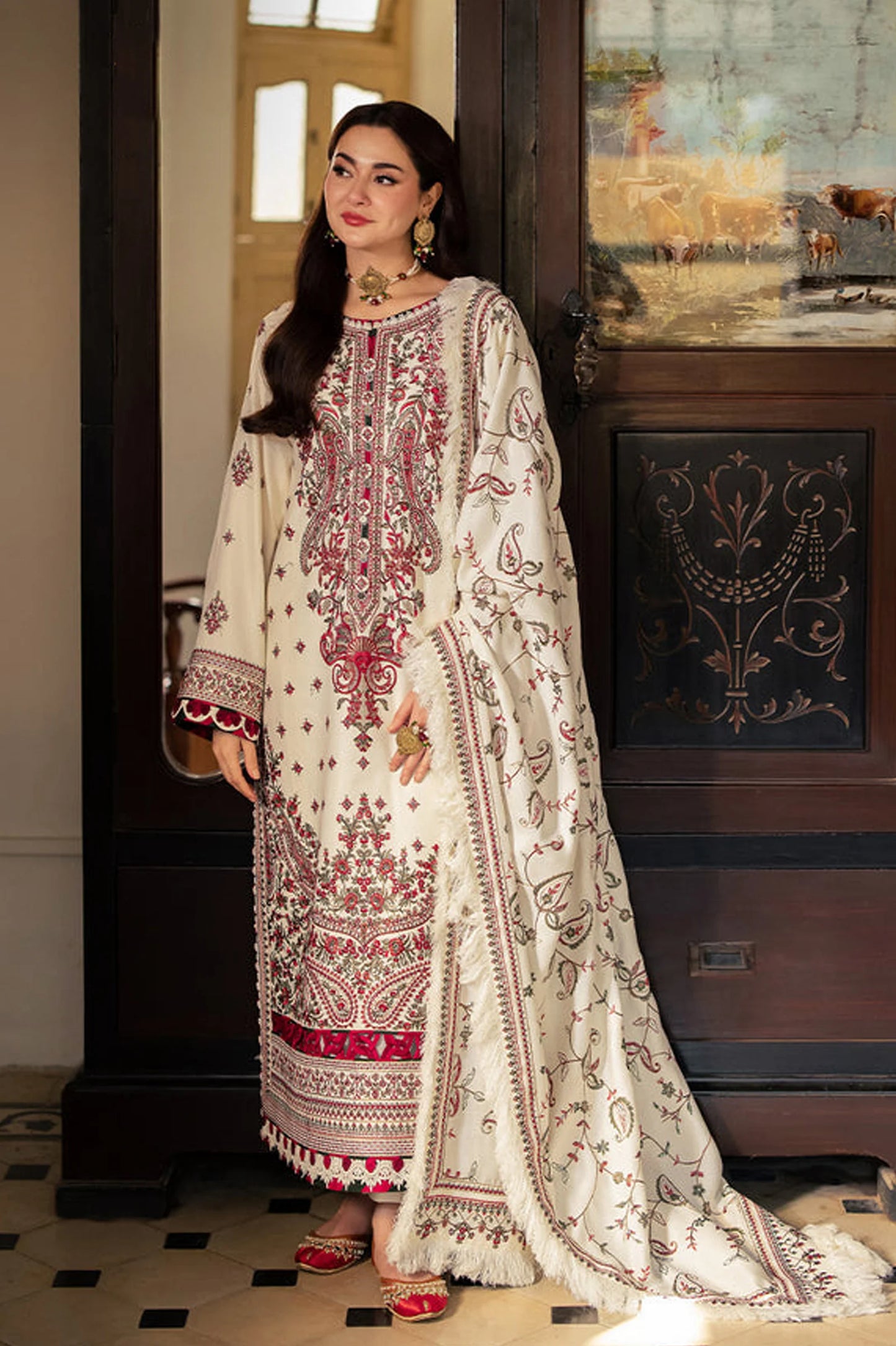 ASIM JOFA-3PC DHANAK SEQUENCE EMBROIDERED SHIRT WITH DHANAK EMBROIDERED SHAWL & DHANAK TOUSER-W.J-1795