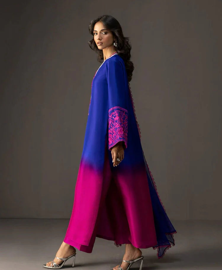 ZAINAB CHOTTANI-3PC SHAMOZE SILK PRINTED EMB SHIRT WITH SOFT SILK PRINTED DUPATTA & TROUSER -W.J-1961