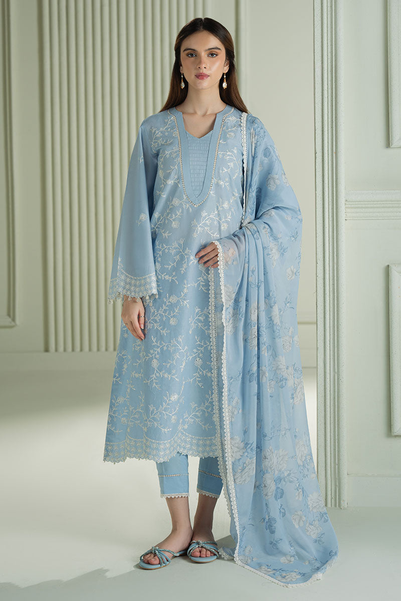 CROSS STITCH-3PC DHANAK EMBROIDERED SHIRT WITH COUTRAI PRINTED SHAWL AND TROUSER-W.J-1843