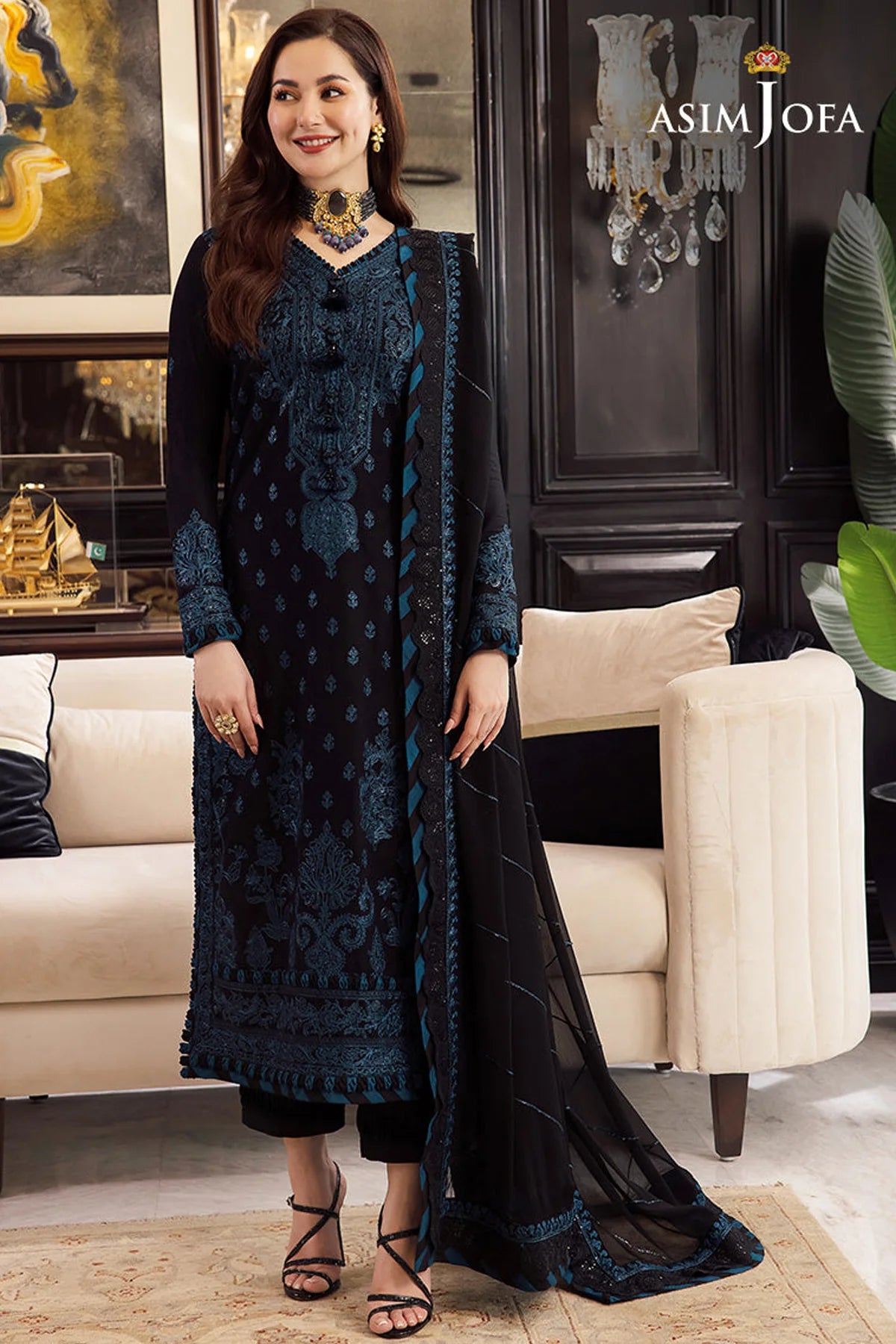 ASIM JOFA- 3PC DHANAK EMBROIDERED SHIRT WITH BAMBER DHANAK EMBROIDERED SHAWL & TROUSER--W.J-1044