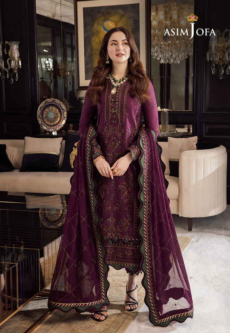 ASIM JOFA-3PC DHANAK EMBROIDERED SHIRT WITH DHANAK EMBROIDERED SHAWL & DHANAK TOUSER-WJ-1951