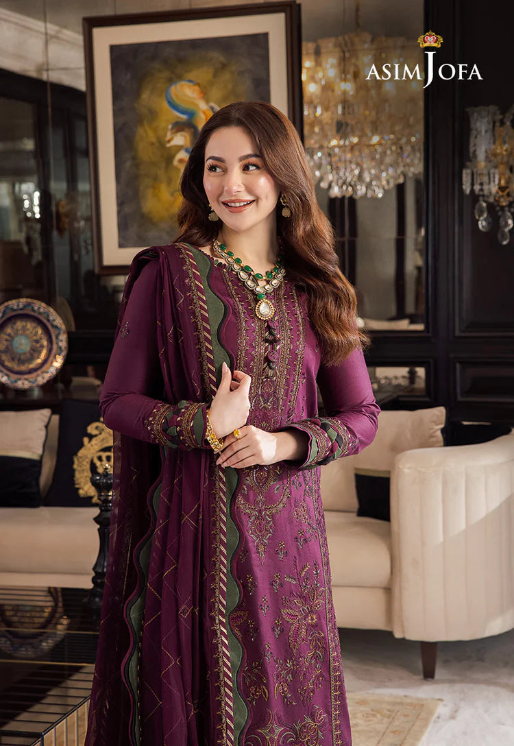 ASIM JOFA-3PC DHANAK EMBROIDERED SHIRT WITH DHANAK EMBROIDERED SHAWL & DHANAK TOUSER-WJ-1951
