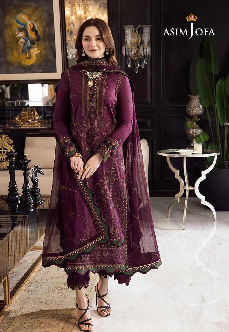 ASIM JOFA-3PC DHANAK EMBROIDERED SHIRT WITH DHANAK EMBROIDERED SHAWL & DHANAK TOUSER-WJ-1951
