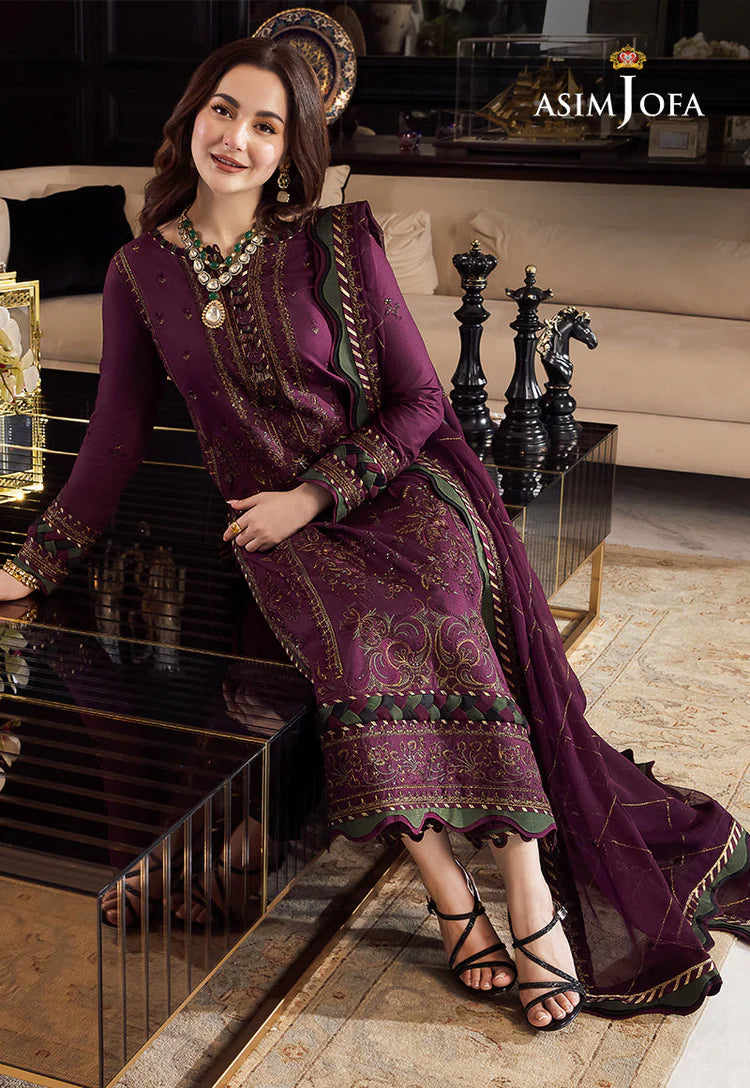 ASIM JOFA-3PC DHANAK EMBROIDERED SHIRT WITH DHANAK EMBROIDERED SHAWL & DHANAK TOUSER-WJ-1951