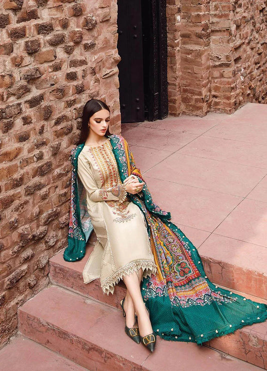 MARIA.B-3PC DHANAK EMBROIDERED SHIRT WITH COUTRAI PRINTED SHAWL AND TROUSER-W.J-1842