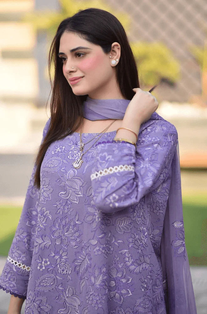 BAREEZE-3PC DHANAK EMBROIDERED SHIRT WITH CHIFFON EMBROIDERED DUPATTA AND TROUSER -W.J-1813