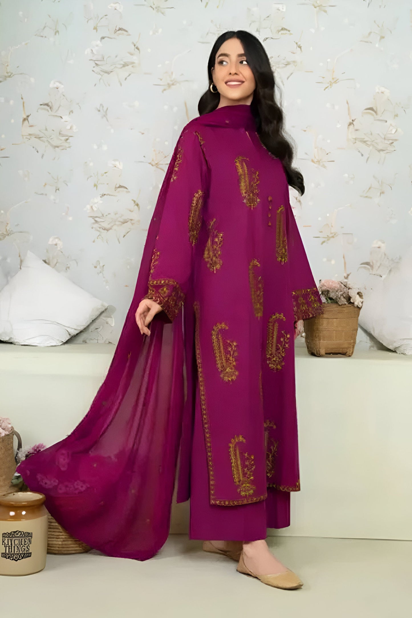 SAPPHIRE-3PC DHANAK EMBROIDERED SHIRT WITH DHANAK EMBROIDERED SHAWL AND TROUSER-W.J-1908