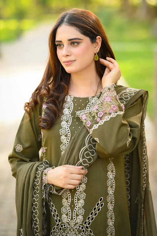 LIBAAS-3PC KARANDI EMBROIDERED SHIRT WITH KARANDI EMBROIDERED SHAWL & EMB TROUSER-W.J-1957