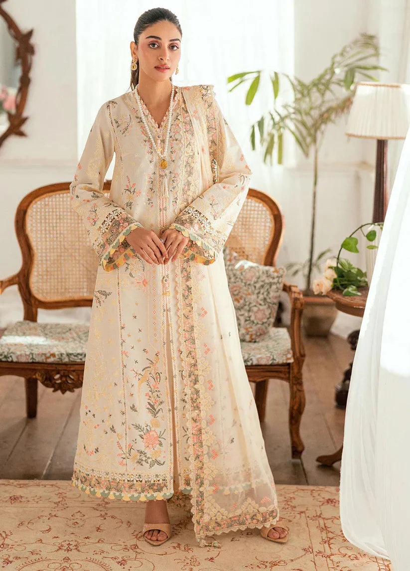 QALAMQAR - 3PC LAWN EMBROIDERED SHIRT WITH ORGANZA EMBROIDERED DUPATTA AND TROUSER -W.J-1791