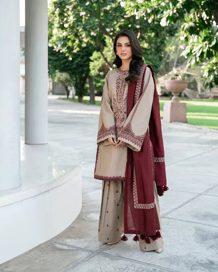 BAROQUE-3PC DHANAK EMBROIDERED SHIRT WITH DHANAK EMBROIDERED SHAWL AND EMB TROUSER-W.J-2002
