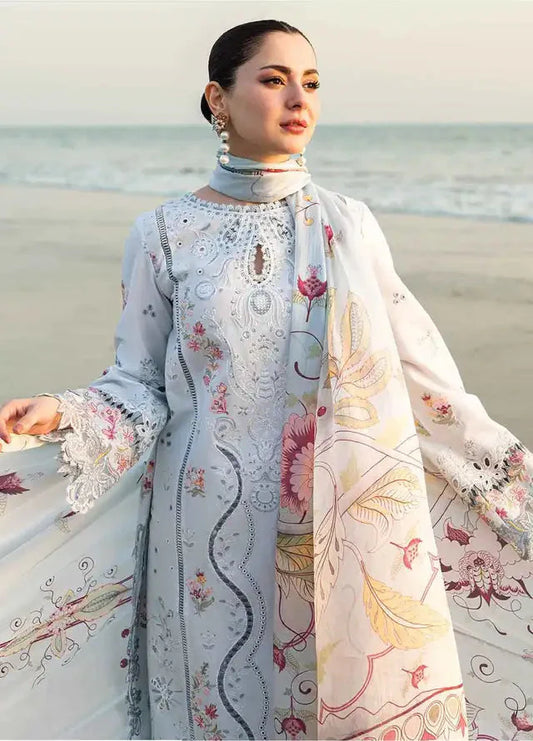 QALAMQAR - 3PC LAWN EMBROIDERED SHIRT WITH MONARK PRINTED DUPATTA AND TROUSER-W.J-1790