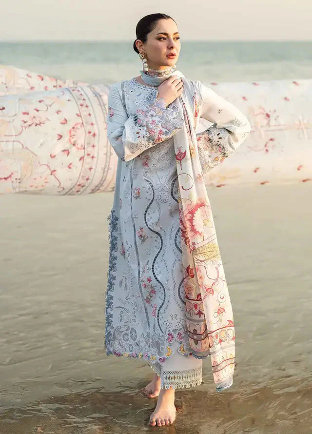 QALAMQAR - 3PC LAWN EMBROIDERED SHIRT WITH MONARK PRINTED DUPATTA AND TROUSER-W.J-1790