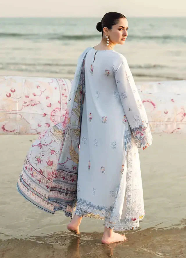 QALAMQAR - 3PC LAWN EMBROIDERED SHIRT WITH MONARK PRINTED DUPATTA AND TROUSER-W.J-1790