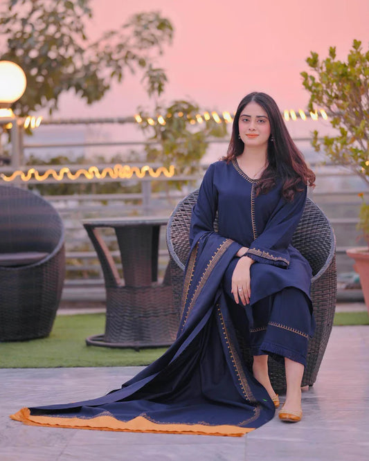 AISLING-3PC DHANAK EMBROIDERED SHIRT WITH COUTRAI PRINTED SHAWL AND TROUSER-W.J-1789