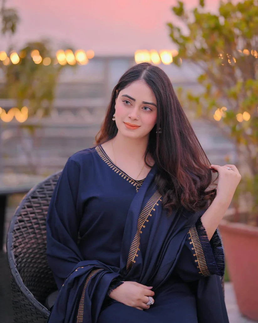 AISLING-3PC DHANAK EMBROIDERED SHIRT WITH COUTRAI PRINTED SHAWL AND TROUSER-W.J-1789