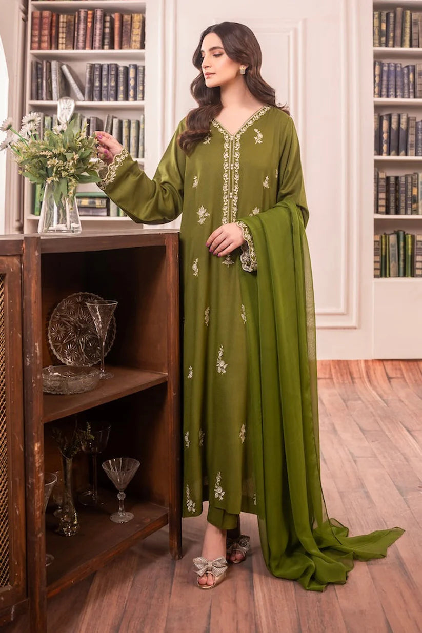 SAPPHIRE-3PC DHANAK EMBROIDERED SHIRT WITH CHIFFON DUPATTA AND TROUSER-W.J-1446