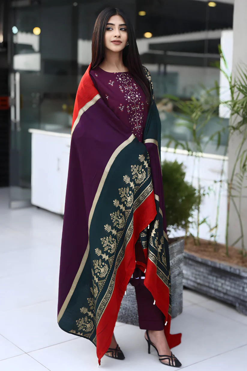 WearJora-3PC KHADDAR CUTWORK EMBROIDERED SHIRT WITH KASHMIRI JACQUARD WOOL SHAWL-W.J-1355
