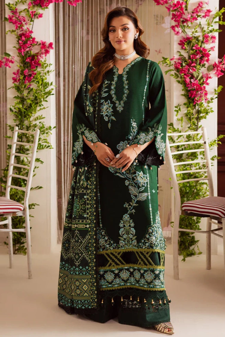 MAHNUR-3PC DHANAK EMBROIDERED SHIRT WITH COURTRAI PRINTED SHAWL & TROUSER-W.J-2039